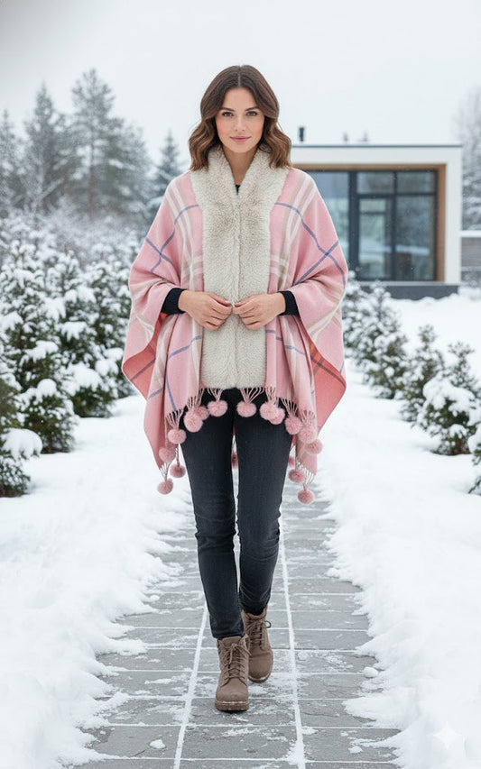 Rose Pink Contrast Check Cape with Faux Fur