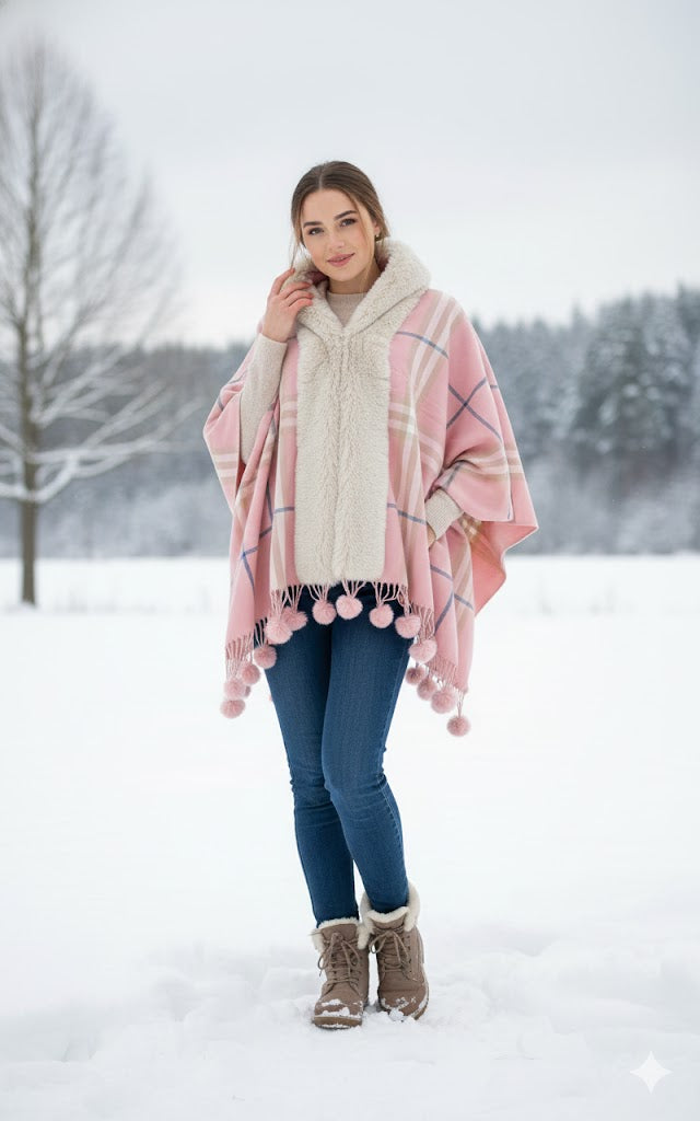 Rose Pink Contrast Check Cape with Faux Fur