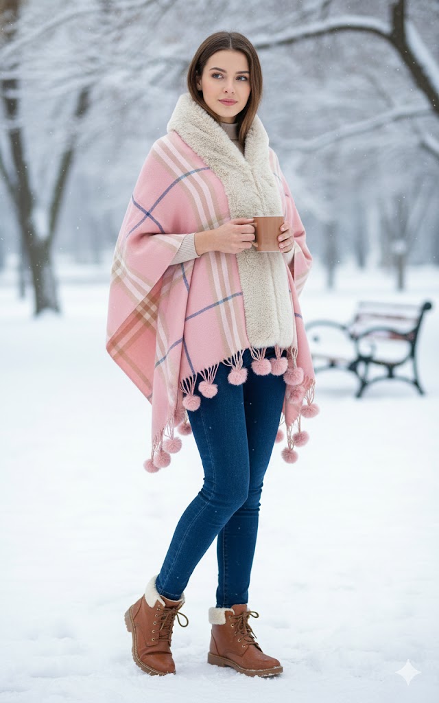 Rose Pink Contrast Check Cape with Faux Fur
